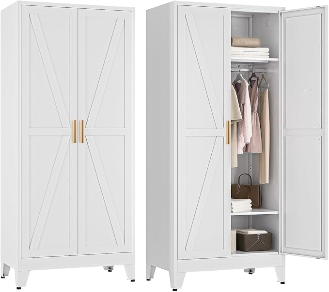 COFaR Metal Wardrobe Cabinet, 71" Farmhouse Storage Cabinet with Hanging Rod, 2 Barn Door, 2 Adjustable Shelves and Legs, for Bedroom, Laundry Room, Cloak Room, Gym, Office, School (White)