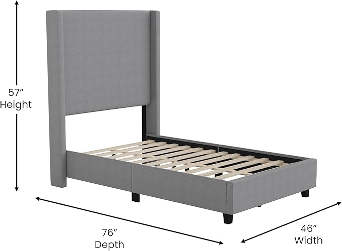 EMMA + OLIVER Nora Twin Size Faux Linen Upholstered Platform Bed with Plush Padded Wingback Headboard (No Box Spring Needed), Modern Upholstered Headboard Twin Bed Frame, Gray
