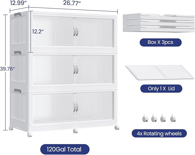 360QT Plastic Stackable Storage Bins with Lid, 90GAL Extra Large Collapsible Box with Wheels Clear Door, Foldable Closet Organizer Container Cabinet Drawer for Home Kitchen，3Pack, White