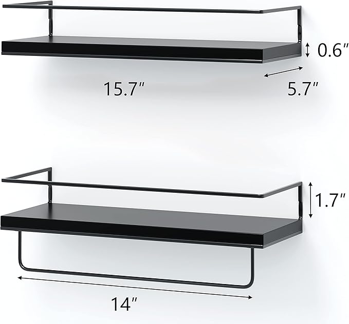 Shario Black Floating Shelves - Set of 2, Wall Mounted Hanging Shelves with Black Towel Rack, Decorative Storage Shelves for Bathroom, Kitchen, Living Room & Bedroom