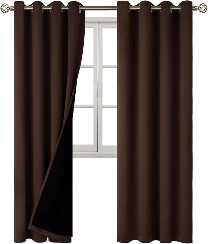 BGment Thermal Insulated 100% Blackout Curtains for Bedroom with Black Liner, Double Layer Full Room Darkening Noise Reducing Grommet Curtain (52 x 72 Inch, Brown, 2 Panels)