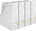 BLU MONACO Set of 4 Magazine Holders | White Marble Design with Gold Label Holders | Foldable File Organizer Boxes for Desk, Office & Classroom | Stylish Paper & Magazine Storage