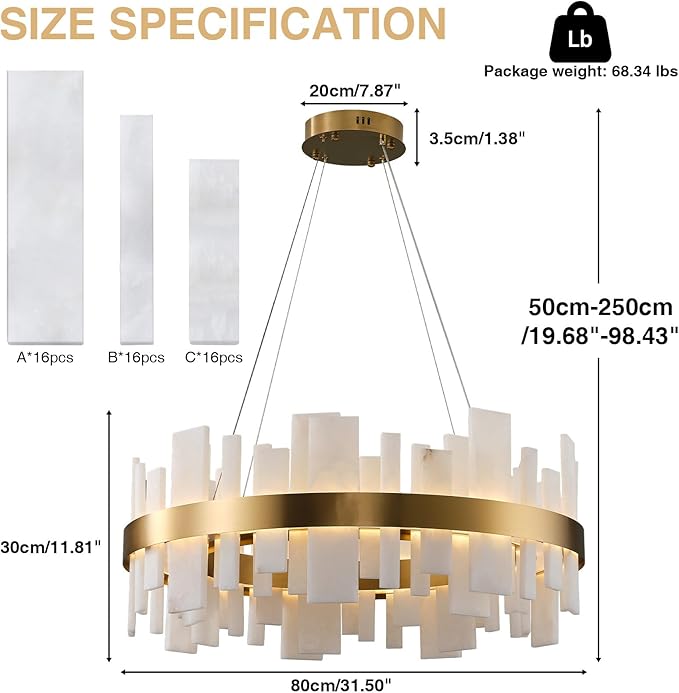 Alabaster Round Chandelier, Natural Spanish Stone Texture Chandeliers, 31.5" Adjustable Alabaster Chandelier Over Table for Living Room, Bedroom, Hallway – Modern Luxury Ceiling Lighting