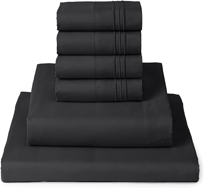 Mellanni California King Sheet Set - 6-Piece Iconic Collection Bedding, (Including 4 Pillowcases), 16-Inch Deep Pocket, Easy Care, Extra Soft, Cooling Sheets, Brushed Microfiber - Black