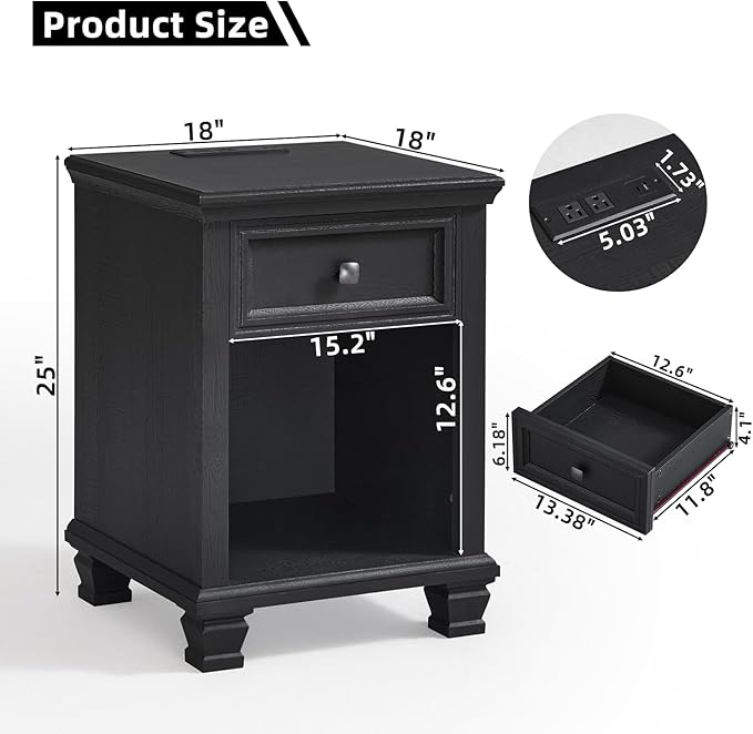 SAVOR LIFE Farmhouse End Tables Living Room Set of 2, Rustic Wood Nightstand with 1 Drawer, Bedside Table with Open Shelf for Bed Room, Side Table for Living Room, Black