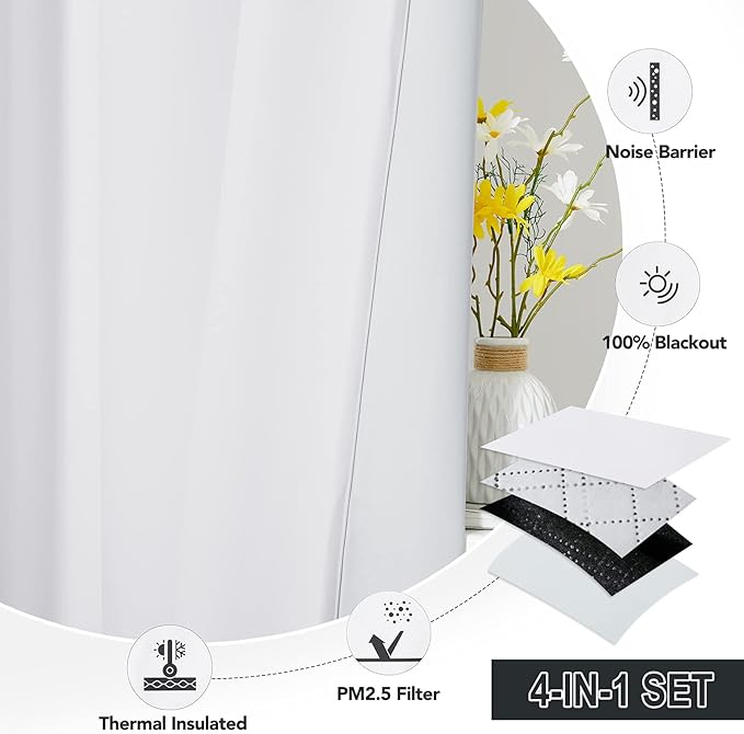 RYB HOME White Blackout Curtains for Bedroom,Noise Reducing Thermal Insulated Curtains and Drapes with Melt-Blown Fabric, Anti Dust PM2.5 Pollen Smog Filtering, Pure White, W52 x L90 inch, 2 Panel