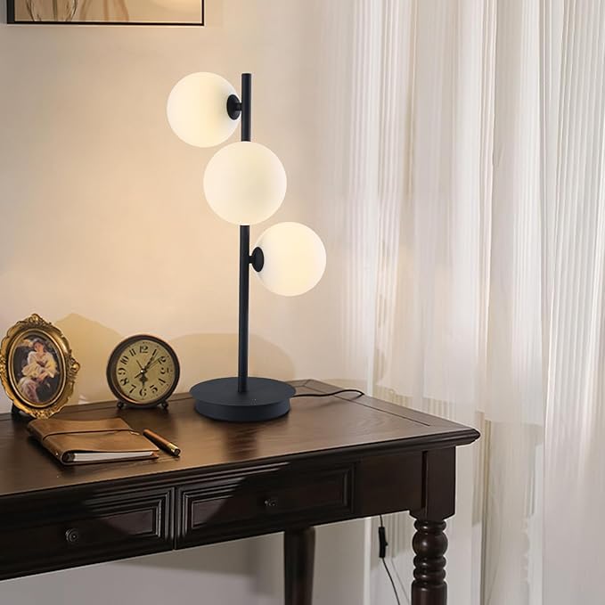 Mid Century Modern Table Lamp, Black Nightstand Lamp, White Glass Globe Desk Lamp, 3 Lights Contemporary Bedside Lamp for Bedroom Living Room Study Room