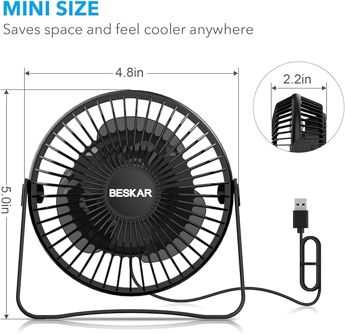BESKAR USB Small Desk Fan, Portable Fans with 3 Speeds Strong Airflow, Quiet Operation and 360°Rotate, Personal Table Fan for Home,Office, Bedroom - 3.9 ft Cord