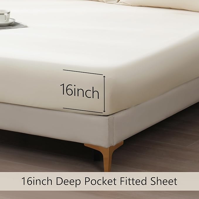 Linen World King Size 400TC Cooling Bed Sheet Set - 100% Organically Grown Viscose Sheets, Silky Soft & Breathable, Deep Pocket Fits Up to 16", 4-Piece Sheets with Pillowcases,Creamy