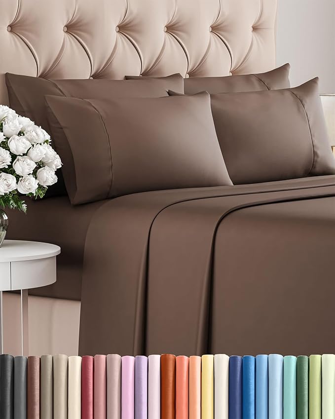 Cal King 6 Piece Sheet Set - Cooling, Comfy & Breathable - Hotel Luxury Bedding, Includes Fitted Sheet for Women, Men, Kids & Teens - 1 Flat, 1 Fitted Sheet, 4 Pillowcases with Deep Pockets - Brown
