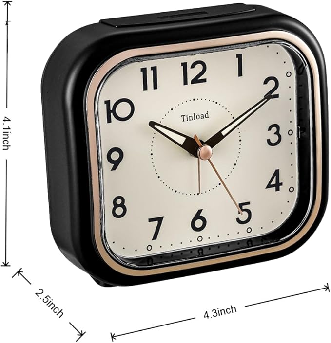 4.5" Vintage Retro Analog Alarm Clock, Super Silent Non Ticking Clock with Manual Light, Snooze, Battery Operated, Simply Design, for Living Room, Bedroom, Bedside, Desk(Black)