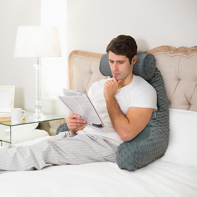 Reading Pillow for Sitting in Bed, Extra Large Backrest Support Cushion with Arms, Sit up Back Pillow Shredded Memory Foam back support Chair Pillow, Bed Rest Pillows with pocket, Detachable Neck Roll