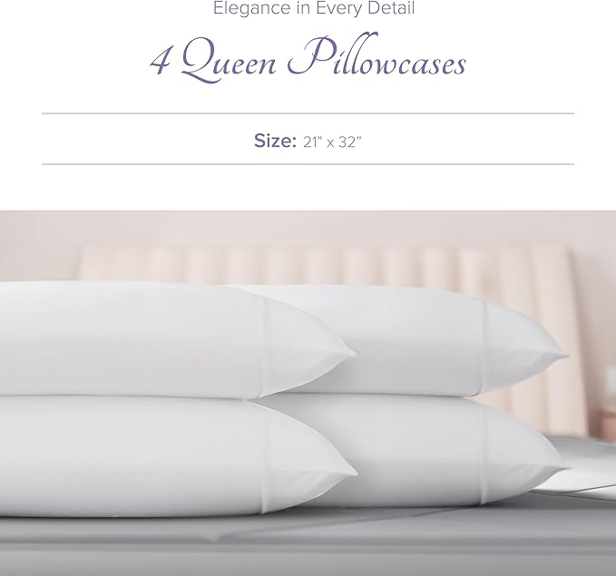 Carressa Linen 100% Egyptian Cotton Pillow Cases Queen Size Set of 4 - Luxury 600 Thread Count White Standard/Queen Size Pillowcases, Silky Soft, Cooling Sateen Weave Hotel Quality Bed Pillow Cover