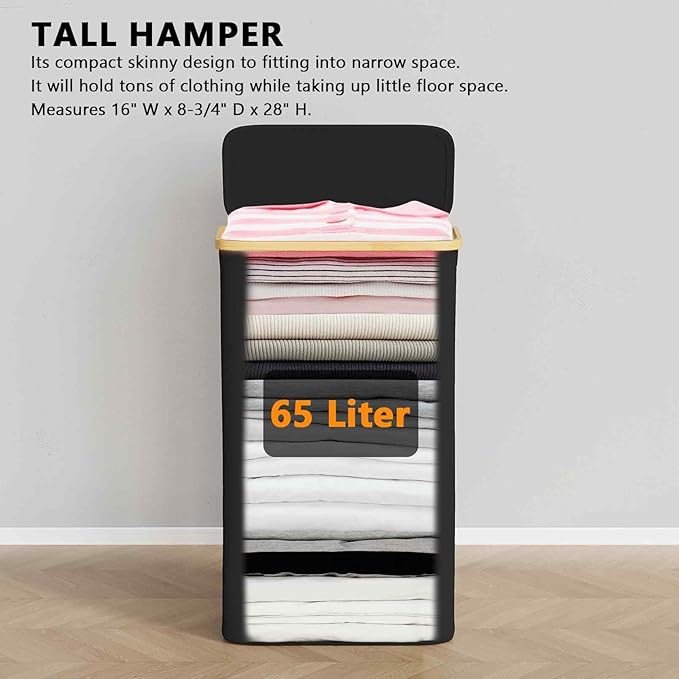 SpaceAid Slim Laundry Hamper with Lid, 65L Narrow Clothes Basket Bin with Bamboo Handles, Skinny Tall Collapsible Hamper for Bedroom, Bathroom, Dorm, Laundry Room - Black