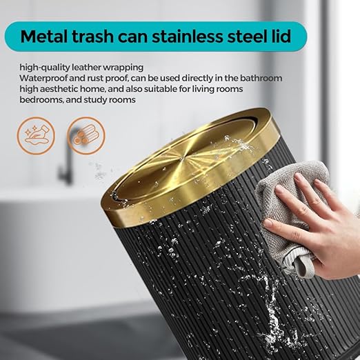 4 Gallon Bathroom Trash Can with Lid, Black Leather Garbage Can, Modern, Bedroom Wastebaskets, for Kitchen Powder Room Hotel Office (15L Black)