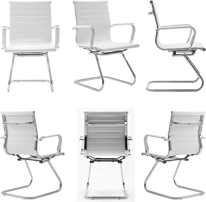 Wahson Office Guest Chairs Set of 8, Leather Reception Chairs, Mid Back Waiting Room Chair, Conference Chairs with Sled Base, Desk Chair No Wheels for Meeting/Lobby/Restroom, White