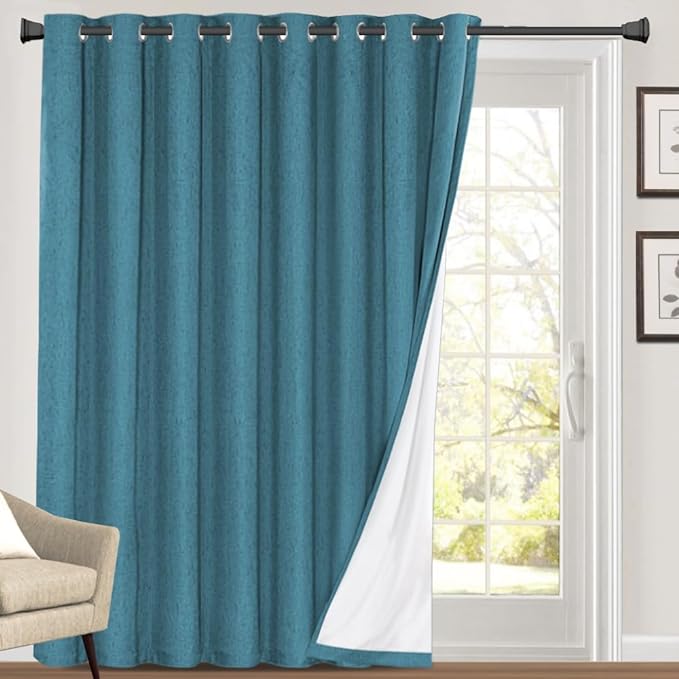 PrinceDeco 100% Blackout Curtains for Sliding Glass Doors Linen Blackout Curtains 108 Inches Long for Bedroom Extra Wide Sliding Glass Door Curtain for Living Room,W100 X L108 Inch,Blue Sapphire