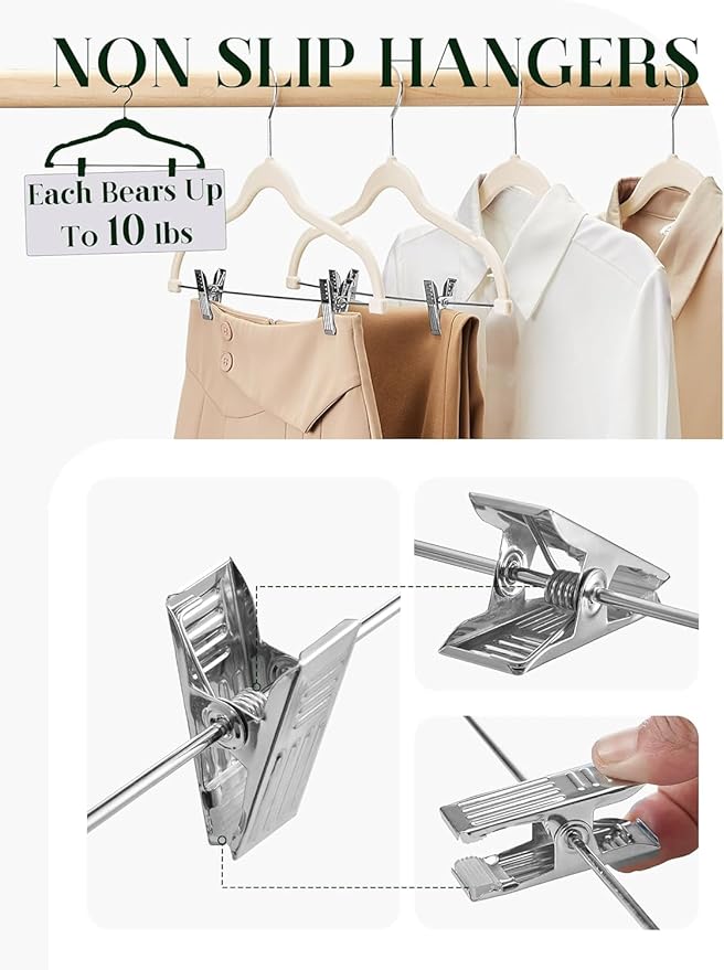 Cozymood Velvet Skirt Hangers - Pack of 48- Velvet Hanger with Clips Ultra Thin Non Slip Pants Hangers Space Saving Clothes Hanger for Trouser, Skirts, Jeans, Dress (Beige)