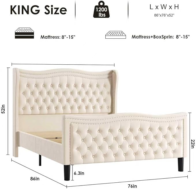 King Bed Frame with Tall Headboard & Footboard, Velvet Upholstered Platform Bed Frame with Deep Button Tufted Wingback, No Box Spring Needed, Noise Free, Beige