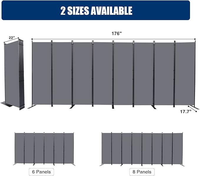 Room Divider Folding Privacy Screens with Wheels, 6FT Tall Divider for Room Separation, Movable Room Partitons and Dividers, Indoor Room Dividers Panel with Fabric (Grey, 8 Panel-176‘’-Flat Base)