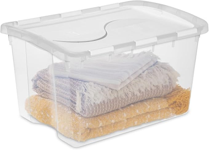 Sterilite 48 Qt Hinged Lid Storage Box, Stackable Bin with Lid, Plastic Container to Organize Home, Office, Basement, Clear with White Lid, 18-Pack
