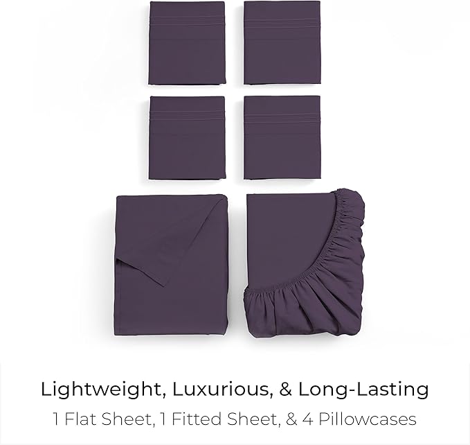 Mellanni King Sheet Set - 6-Piece Iconic Collection Bedding, (Including 4 Pillowcases), 16-Inch Deep Pocket, Easy Care, Extra Soft, Cooling Sheets, Brushed Microfiber - Purple