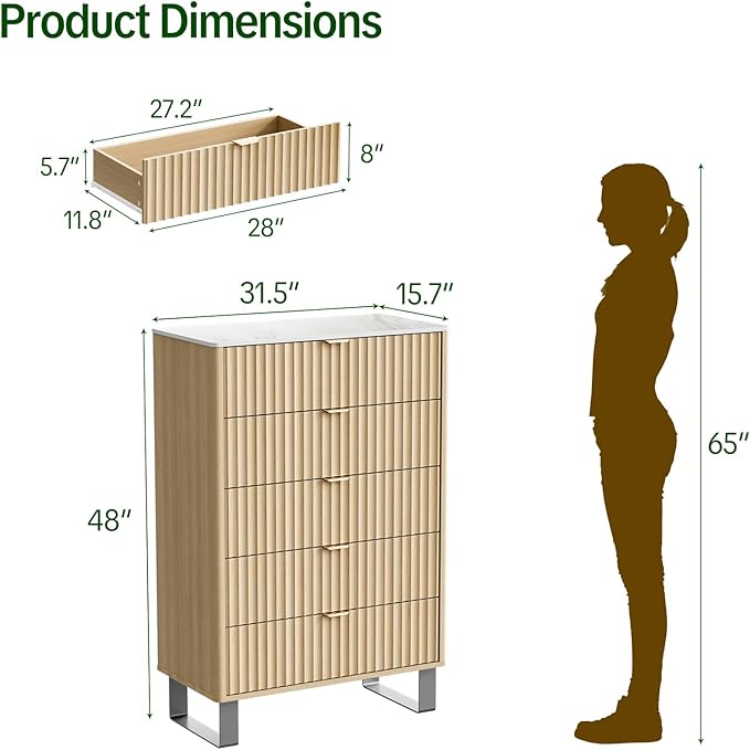 Fluted 5 Drawers Dresser, 48" H Modern Country Storage Dressers with Brushed Metal Handles, Wood Storage Organizers for Bedroom, Living Room, Hallway, Beige