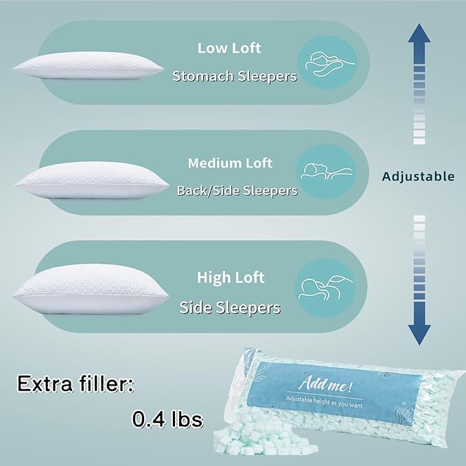 Queen Size Bed Pillow for Sleeping Shredded Memory Foam Adjustable Loft Pillows with Cooling Washable Pillow Case, 20x30 inches