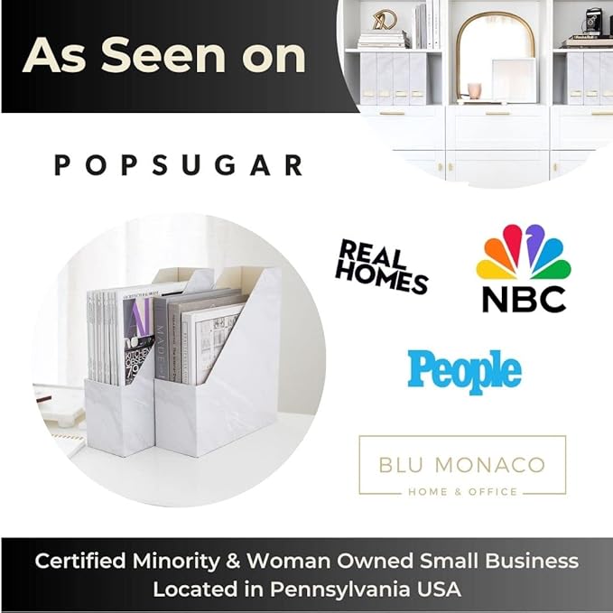 BLU MONACO Set of 4 Magazine Holders | White Marble Design with Gold Label Holders | Foldable File Organizer Boxes for Desk, Office & Classroom | Stylish Paper & Magazine Storage