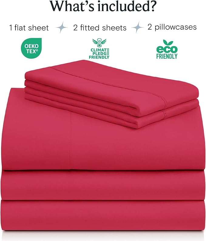 LuxClub 5 PC Sheet Set Bed Sheets Deep Pockets 16" Eco Friendly Wrinkle Free Cooling Machine Washable Hotel Bedding Silky Soft - Red Split King