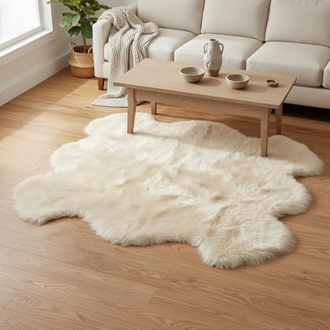 Super Area Rugs Premium Genuine Sheepskin Rug 5' x 6' Long Fur Soft & Natural Shaggy Living Room Rug, Champagne Cream, Six Pelt