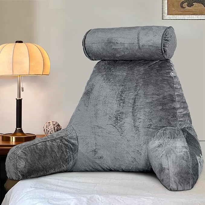 mittaGonG Reading Pillow for Sitting in Bed with Detachable Neck Roll & Big Bed Backrest Pillow Back Support Pillow Chair Pillow with Washable Cover for Adult with Arms and Side Pocket Shredded Foam