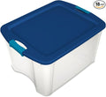 Sterilite 18 Gal Latch and Carry, Stackable Storage Bin with Latching Lid, Plastic Container to Organize Closets, Clear with Blue Lid, 18-Pack