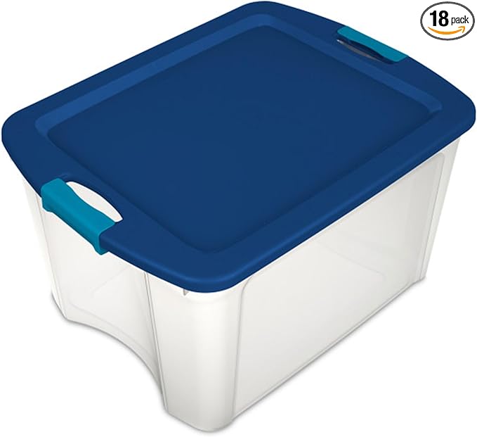 Sterilite 18 Gal Latch and Carry, Stackable Storage Bin with Latching Lid, Plastic Container to Organize Closets, Clear with Blue Lid, 18-Pack