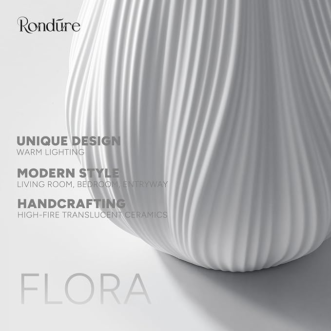 RONDURE 12.5" Modern Ceramic Table Lamp, Fully Dimmable Modern Bedside Lamps for Bedroom, Living Room and Nightstand, White Translucent Ceramic Shade, Warm Ambient Lighting, Corded, Bulb Included
