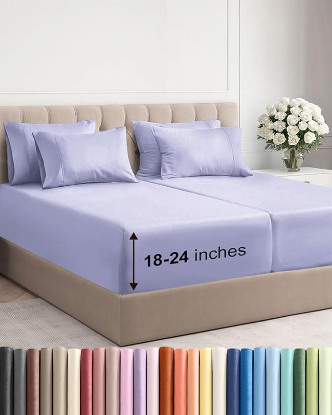 Extra Deep Split King Sheet Set - 7 Piece Breathable and Cooling Sheets - Hotel Luxury Bed Sheets Set - Easy Fit - Soft, Wrinkle Free and Comfy Sheets Set - Lavender Sheet Set with Extra Deep Pockets