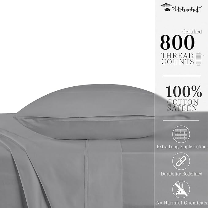 URBANHUT 800 Thread Count 100% Cotton Twin Size Sheets, Luxury 4 Piece Twin Bedsheets, Hotel Sheets Sateen Finish - Better Than Egyptian, 14" Elasticized Deep Pocket - Dark Grey
