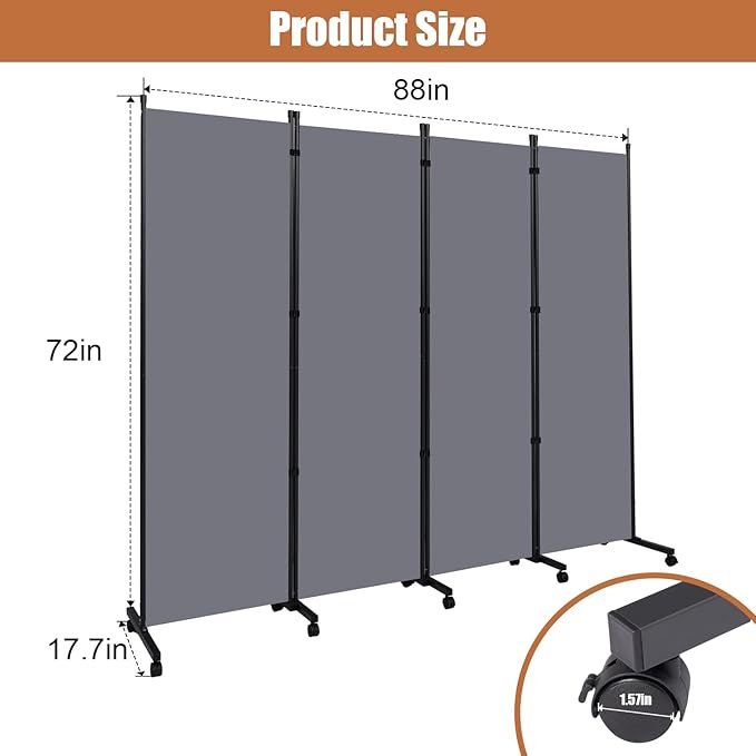 Room Divider Folding Privacy Screens with Wheels, 6FT Tall Divider for Room Separation, Movable Room Partitons and Dividers, Indoor Room Dividers Panel with Fabric (Grey, 4 Panel-88‘’-Wheels)