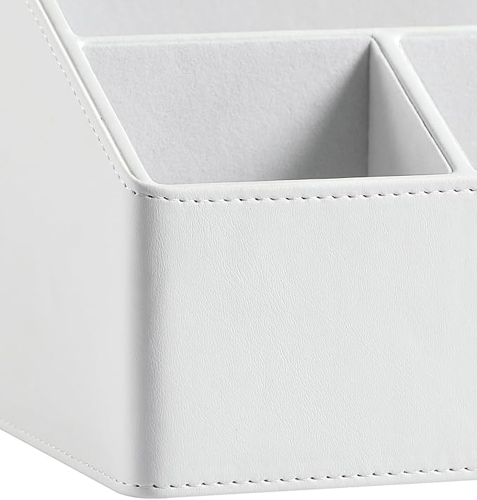 MEIBOOCH PU Leather Desk Organizer, Luxury Remote Control Holder for Home, Office Desk Accessories Table Caddy Bedside Nightstand Organizer (White)