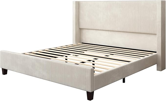 AMERLIFE King Size Upholstered Bed Frame with 50.8" Tall Headboard, Wingback Platform Bed with Solid Wood Legs, Wooden Slats, Corduroy/No Box Spring Needed/Noise Free/Cream