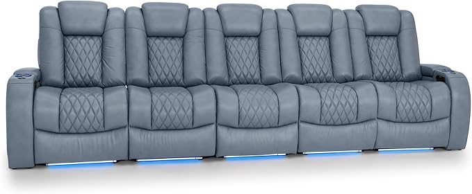 Seatcraft Diamante Zero-Gravity CoolZero Italian Leather Home Theater Seating, Power Headrest, Power Recline, Row of 5 Middle Sofa, Smokey Blue