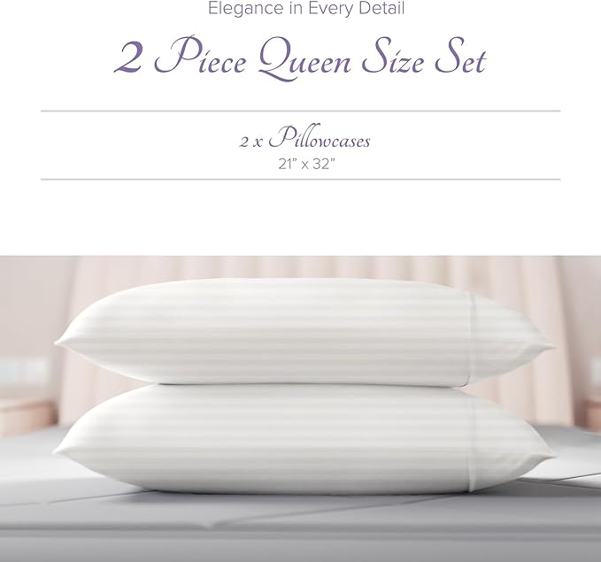 Carressa Linen 100% Egyptian Cotton Pillow Cases Queen Size Set of 2 - Luxury 600 Thread Count Stripe Ivory Standard/Queen Size Pillowcases, Silky Soft, Cooling Hotel Quality Damask Pillow Cover