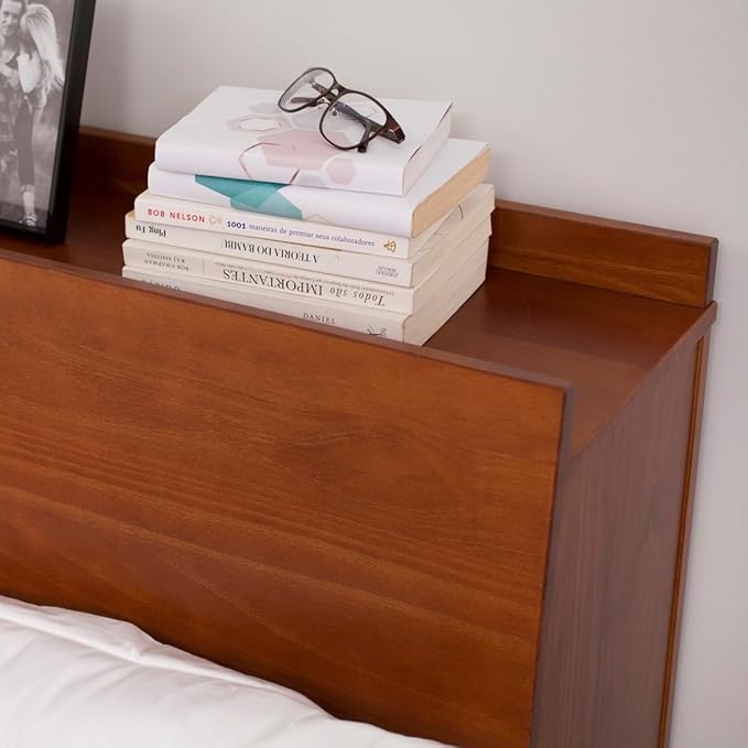 memomad Bali Set: Storage Platform Bed with Drawers + Bookcase Headboard (Queen Size, Caramel Brown Wood)