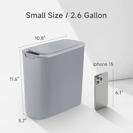 TIPGO Automatic Motion Sensor Bathroom Trash Can with Lid, 2.6 Gallon Touchless Trash Bin, Smart Garbage Can Plastic Slim Wastebasket for Bedroom, Office, Dorm (Grey)
