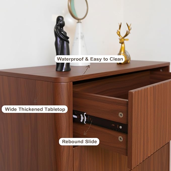 Fluted 5 Drawers Dresser for Bedroom, 47" Tall Handleless Chest of Drawers with Faux Marble Top, Curved Profile Design, Wood Drawer Organizerfor forLiving Room, Hallway, Entryway, Walnut