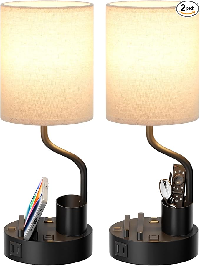 Bedside Table Lamps for Bedroom Set of 2 - Nightstand Light with AC Outlet and USB A & C for Charging, 3 Color Temperatures, Study Desk Lamp with Pen Holder & Phone Stand for Living Room/Dorm/Office