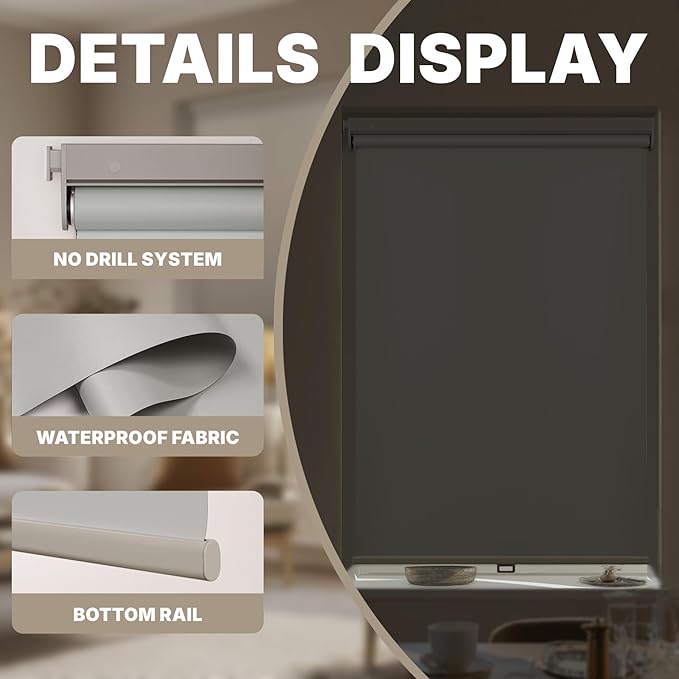 HESTIA No Drill Cordless Blackout Roller Shades Screwless Waterproof Shower Window Blinds, Auto-Retraction Easy Install Blind for Bathroom/Kitchen/Office/Exterior, Grey, 42" W x 54" H