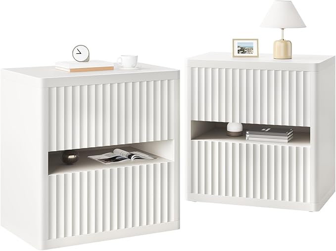 Dripex Fluted Nightstand with 2 Drawers, Large Wide Wood Night Stand Bedside Tables for Bedroom, Mid-Century Modern Storage Bed Side Table, End Tables for Living Room Sofa Couch, White, Set of 2