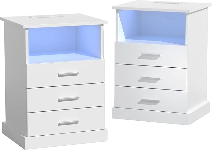 Halitaa Nightstand with Charging Station, LED Lights Side Table with 3 Drawers, End Table for Bedroom Ofiice White 2 Set