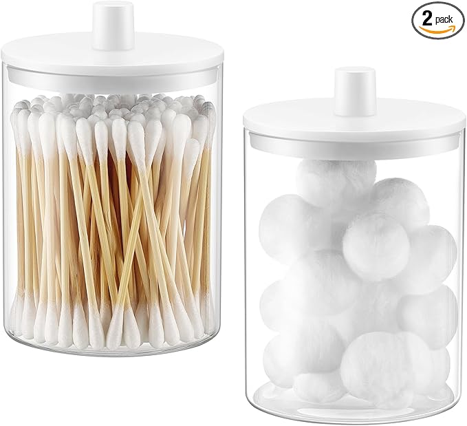 TIPGO Glass Qtip Holder Dispenser for Bathroom - 10 oz Clear Canister Apothecary Jar for Cotton Swabs, Balls, Pads, Floss Picks, Small Containers for Makeup Storage Organizer (2 Pack, White)